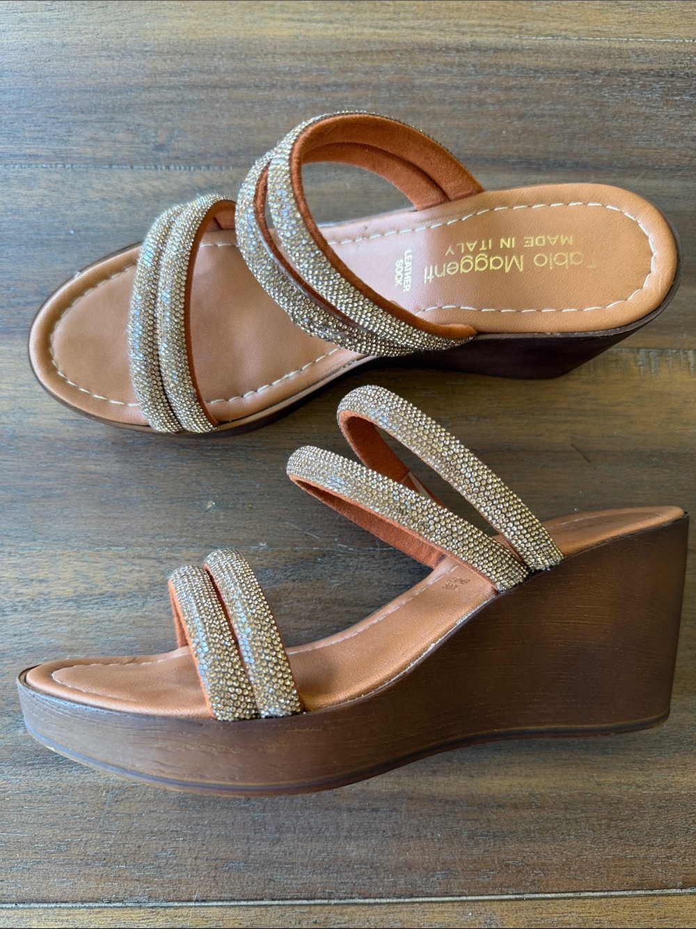 Crystal-Embellished Tan Wedge Sandals by